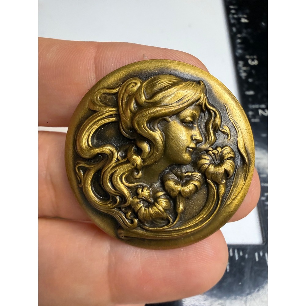 Art Nouveau Lady Flower Brooch Bronze Tone Repousse Round Pin Antique Style